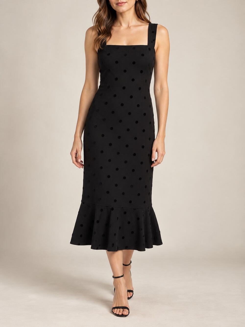Akris Punto Polka Dot Dress Womens 6 Black Square Neck Midi LBD Ruffle Cocktail